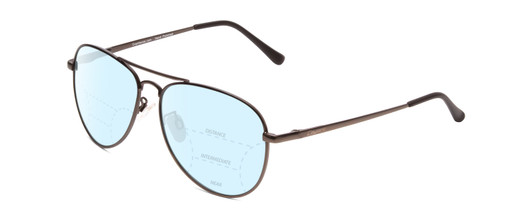 Profile View of Coyote Classic II Designer Progressive Lens Blue Light Blocking Eyeglasses in Gun Metal Grey Unisex Aviator Full Rim Metal 55 mm with Blue Light Zone functionality illustration laid over the lens