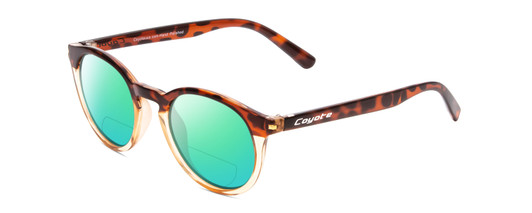 Profile View of Coyote Crosstown Designer Polarized Reading Sunglasses with Custom Cut Powered Green Mirror Lenses in Tortoise Amber Unisex Round Full Rim Acetate 47 mm