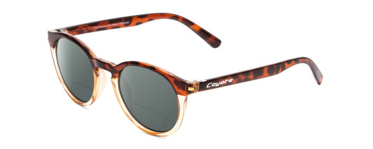 Profile View of Coyote Crosstown Designer Polarized Reading Sunglasses with Custom Cut Powered Smoke Grey Lenses in Tortoise Amber Unisex Round Full Rim Acetate 47 mm