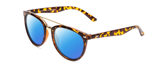 Profile View of Coyote Downtown Designer Polarized Sunglasses with Custom Cut Blue Mirror Lenses in Tortoise Brown Ladies Cateye Full Rim Acetate 54 mm