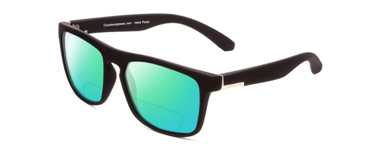 Profile View of Coyote Marco Designer Polarized Reading Sunglasses with Custom Cut Powered Green Mirror Lenses in Matte Black Unisex Square Full Rim Acetate 53 mm