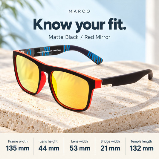 Coyote Marco Polarized Sunglasses Matte Black/Red Mirror Keyhole Frame size guide.