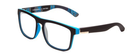 Profile View of Coyote Marco Designer Progressive Lens Blue Light Blocking Eyeglasses in Matte Black Grey Unisex Square Full Rim Acetate 53 mm with Blue Light Zone functionality illustration laid over the lens