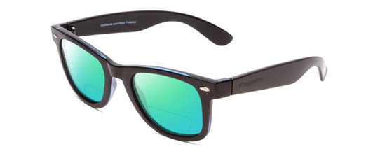 Profile View of Coyote Nomad Designer Polarized Reading Sunglasses with Custom Cut Powered Green Mirror Lenses in Gloss Black Grey Unisex Square Full Rim Acetate 50 mm