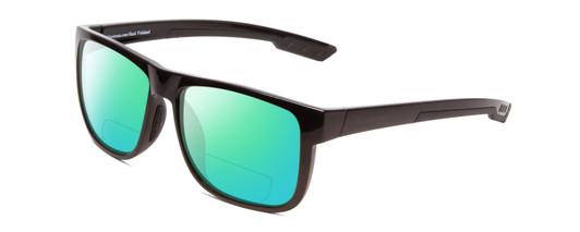 Profile View of Coyote Outlaw Designer Polarized Reading Sunglasses with Custom Cut Powered Green Mirror Lenses in Gloss Black Grey Mens Square Full Rim Acetate 55 mm