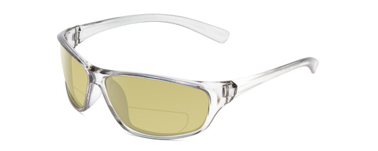 Profile View of Coyote P-38 Designer Polarized Reading Sunglasses with Custom Cut Powered Sun Flower Yellow Lenses in Crystal Grey Unisex Wrap Full Rim Acetate 65 mm