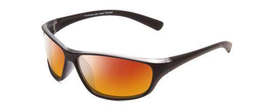 Profile View of Coyote P-38 Designer Polarized Sunglasses with Custom Cut Red Mirror Lenses in Matte Black Grey Unisex Wrap Full Rim Acetate 65 mm