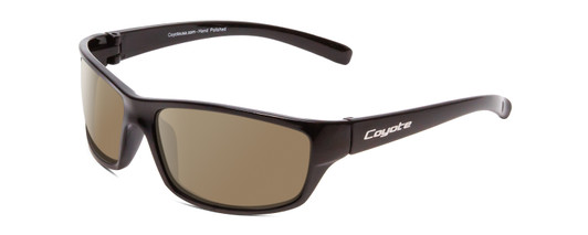 Profile View of Coyote P-42 Designer Polarized Sunglasses with Custom Cut Amber Brown Lenses in Gloss Black Mens Wrap Full Rim Acetate 62 mm