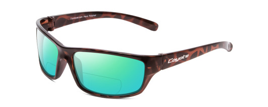 Profile View of Coyote P-42 Designer Polarized Reading Sunglasses with Custom Cut Powered Green Mirror Lenses in Tortoise Unisex Wrap Full Rim Acetate 63 mm