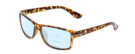 Profile View of Coyote P-43 Designer Progressive Lens Blue Light Blocking Eyeglasses in Dark Tortoise Unisex Rectangle Full Rim Acetate 58 mm with Blue Light Zone functionality illustration laid over the lens