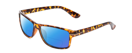 Profile View of Coyote P-43 Designer Polarized Reading Sunglasses with Custom Cut Powered Blue Mirror Lenses in Dark Tortoise Unisex Rectangle Full Rim Acetate 58 mm