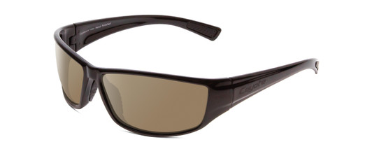 Profile View of Coyote P-44 Designer Polarized Sunglasses with Custom Cut Amber Brown Lenses in Gloss Black Unisex Wrap Full Rim Acetate 66 mm
