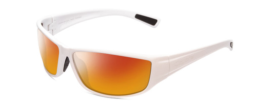 Profile View of Coyote P-44 Designer Polarized Sunglasses with Custom Cut Red Mirror Lenses in White Brown Mens Wrap Full Rim Acetate 66 mm