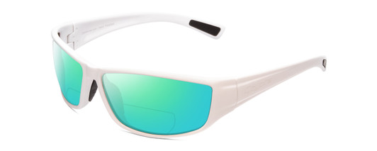 Profile View of Coyote P-44 Designer Polarized Reading Sunglasses with Custom Cut Powered Green Mirror Lenses in White Brown Mens Wrap Full Rim Acetate 66 mm