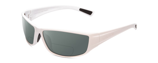 Profile View of Coyote P-44 Designer Polarized Reading Sunglasses with Custom Cut Powered Smoke Grey Lenses in White Brown Mens Wrap Full Rim Acetate 66 mm