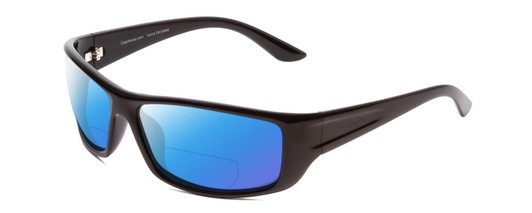 Profile View of Coyote P-59 Designer Polarized Reading Sunglasses with Custom Cut Powered Blue Mirror Lenses in Gloss Black Unisex Wrap Full Rim Acetate 63 mm