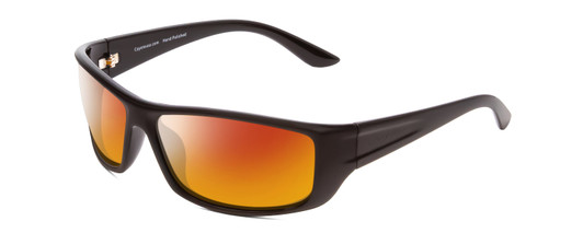 Profile View of Coyote P-59 Designer Polarized Sunglasses with Custom Cut Red Mirror Lenses in Matte Black Mens Wrap Full Rim Acetate 63 mm