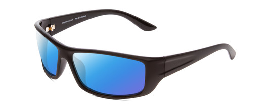 Profile View of Coyote P-59 Designer Polarized Sunglasses with Custom Cut Blue Mirror Lenses in Matte Black Mens Wrap Full Rim Acetate 63 mm