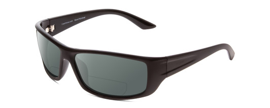 Profile View of Coyote P-59 Designer Polarized Reading Sunglasses with Custom Cut Powered Smoke Grey Lenses in Matte Black Grey Unisex Wrap Full Rim Acetate 63 mm
