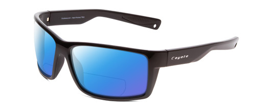 Profile View of Coyote Raptor Designer Polarized Reading Sunglasses with Custom Cut Powered Blue Mirror Lenses in Gloss Black Grey Mens Wrap Full Rim Acetate 63 mm