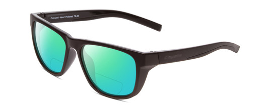 Profile View of Coyote Redfin Designer Polarized Reading Sunglasses with Custom Cut Powered Green Mirror Lenses in Matte Black Grey Mens Square Full Rim Acetate 55 mm