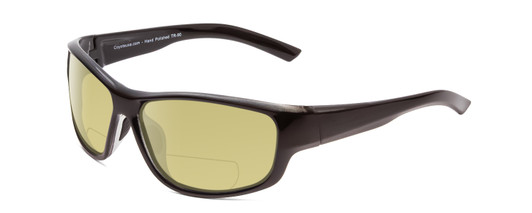 Profile View of Coyote Salty Designer Polarized Reading Sunglasses with Custom Cut Powered Sun Flower Yellow Lenses in Gloss Black Grey Unisex Wrap Full Rim Acetate 61 mm