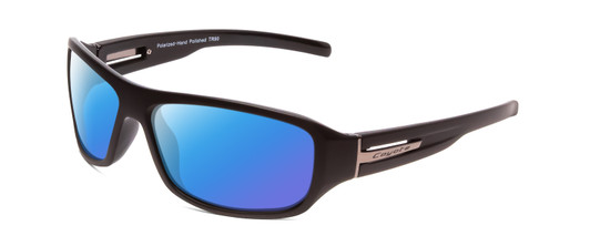 Profile View of Coyote Sonoma Designer Polarized Sunglasses with Custom Cut Blue Mirror Lenses in Matte Black Unisex Wrap Full Rim Acetate 61 mm