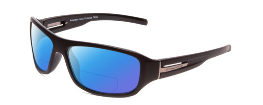 Profile View of Coyote Sonoma Designer Polarized Reading Sunglasses with Custom Cut Powered Blue Mirror Lenses in Matte Black Unisex Wrap Full Rim Acetate 61 mm
