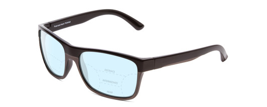 Profile View of Coyote Twisted Designer Progressive Lens Blue Light Blocking Eyeglasses in Matte Black Gun Metal Grey Mens Square Full Rim Acetate 58 mm with Blue Light Zone functionality illustration laid over the lens