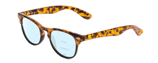 Profile View of Coyote Uptown Designer Progressive Lens Blue Light Blocking Eyeglasses in Tokyo Tortoise Black Ladies Cateye Full Rim Acetate 49 mm with Blue Light Zone functionality illustration laid over the lens