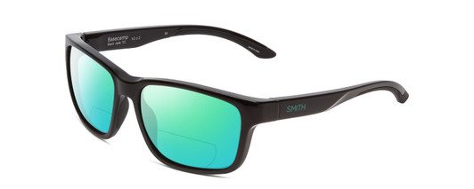 Profile View of Smith Optics Basecamp Designer Polarized Reading Sunglasses with Custom Cut Powered Green Mirror Lenses in Gloss Black Jade Green Unisex Square Full Rim Acetate 58 mm