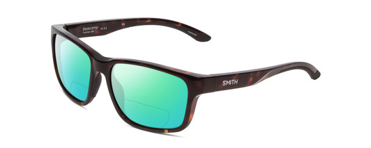 Profile View of Smith Optics Basecamp Designer Polarized Reading Sunglasses with Custom Cut Powered Green Mirror Lenses in Tortoise Havana Brown Gold Unisex Square Full Rim Acetate 58 mm