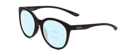 Profile View of Smith Optics Bayside Designer Progressive Lens Blue Light Blocking Eyeglasses in Matte Black Unisex Cateye Full Rim Acetate 54 mm with Blue Light Zone functionality illustration laid over the lens