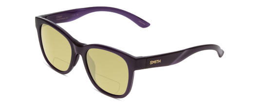 Profile View of Smith Optics Caper Designer Polarized Reading Sunglasses with Custom Cut Powered Sun Flower Yellow Lenses in Crystal Midnight Black Purple Ladies Cateye Full Rim Acetate 53 mm