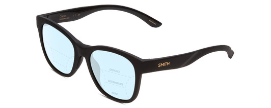 Profile View of Smith Optics Caper Designer Progressive Lens Blue Light Blocking Eyeglasses in Matte Black Ladies Cateye Full Rim Acetate 53 mm with Blue Light Zone functionality illustration laid over the lens