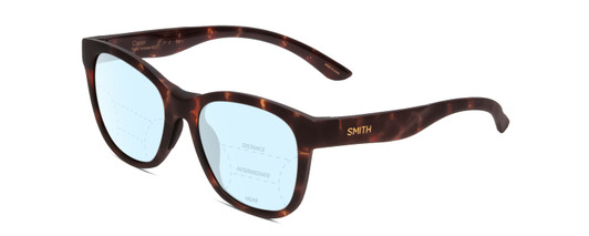 Profile View of Smith Optics Caper Designer Progressive Lens Blue Light Blocking Eyeglasses in Matte Tortoise Havana Gold Ladies Cateye Full Rim Acetate 53 mm with Blue Light Zone functionality illustration laid over the lens