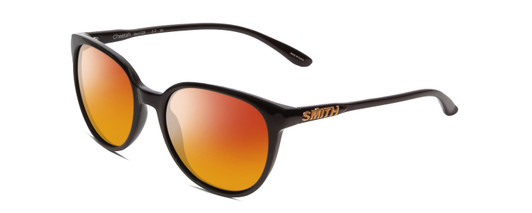 Profile View of Smith Optics Cheetah Designer Polarized Sunglasses with Custom Cut Red Mirror Lenses in Gloss Black Ladies Cateye Full Rim Acetate 54 mm