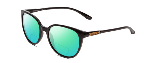 Profile View of Smith Optics Cheetah Designer Polarized Reading Sunglasses with Custom Cut Powered Green Mirror Lenses in Gloss Black Ladies Cateye Full Rim Acetate 54 mm
