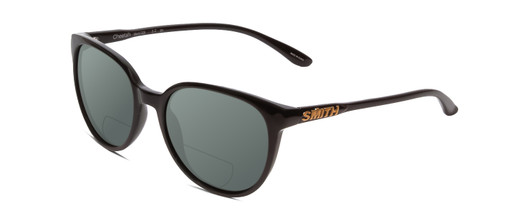Profile View of Smith Optics Cheetah Designer Polarized Reading Sunglasses with Custom Cut Powered Smoke Grey Lenses in Gloss Black Ladies Cateye Full Rim Acetate 54 mm