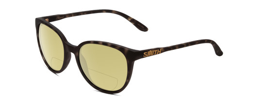 Profile View of Smith Optics Cheetah Designer Polarized Reading Sunglasses with Custom Cut Powered Sun Flower Yellow Lenses in Matte Ash Tortoise Brown Grey Ladies Cateye Full Rim Acetate 54 mm