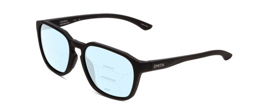 Profile View of Smith Optics Contour Designer Progressive Lens Blue Light Blocking Eyeglasses in Matte Black Unisex Square Full Rim Acetate 56 mm with Blue Light Zone functionality illustration laid over the lens