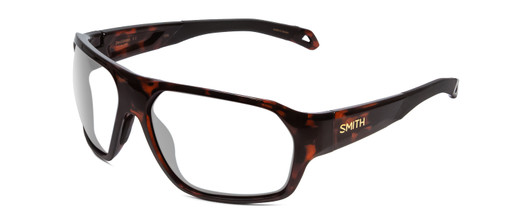 Profile View of Smith Optics Deckboss Designer Progressive Lens Blue Light Blocking Eyeglasses in Tortoise Havana Brown Gold Unisex Rectangle Full Rim Acetate 63 mm with Blue Light Zone functionality illustration laid over the lens