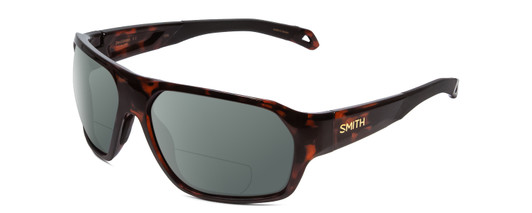 Profile View of Smith Optics Deckboss Designer Polarized Reading Sunglasses with Custom Cut Powered Smoke Grey Lenses in Tortoise Havana Brown Gold Unisex Rectangle Full Rim Acetate 63 mm