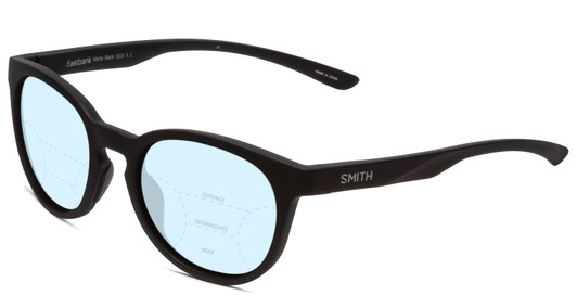 Profile View of Smith Optics Eastbank Designer Progressive Lens Blue Light Blocking Eyeglasses in Matte Black Unisex Round Full Rim Acetate 52 mm with Blue Light Zone functionality illustration laid over the lens