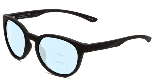 Profile View of Smith Optics Eastbank Core Designer Progressive Lens Blue Light Blocking Eyeglasses in Matte Black Unisex Round Full Rim Acetate 52 mm with Blue Light Zone functionality illustration laid over the lens