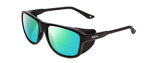 Profile View of Smith Optics Embark Designer Polarized Reading Sunglasses with Custom Cut Powered Green Mirror Lenses in Gloss&Matte Black Unisex Wrap Full Rim Acetate 58 mm
