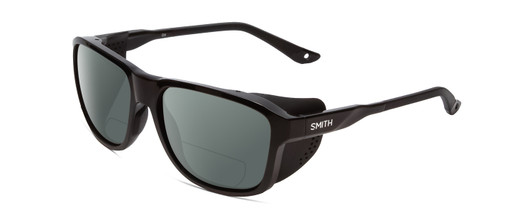 Profile View of Smith Optics Embark Designer Polarized Reading Sunglasses with Custom Cut Powered Smoke Grey Lenses in Gloss&Matte Black Unisex Wrap Full Rim Acetate 58 mm
