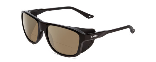 Profile View of Smith Optics Embark Designer Polarized Reading Sunglasses with Custom Cut Powered Amber Brown Lenses in Gloss&Matte Black Unisex Wrap Full Rim Acetate 58 mm