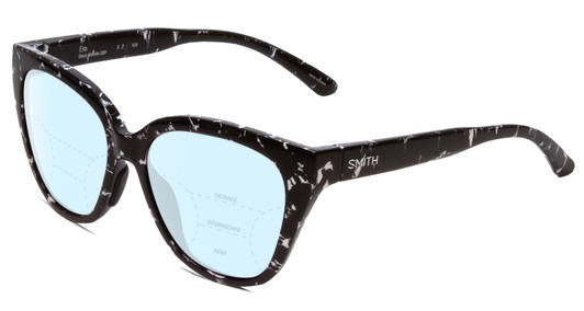 Profile View of Smith Optics Era Designer Progressive Lens Blue Light Blocking Eyeglasses in Black Marble Tortoise Ladies Cateye Full Rim Acetate 55 mm with Blue Light Zone functionality illustration laid over the lens