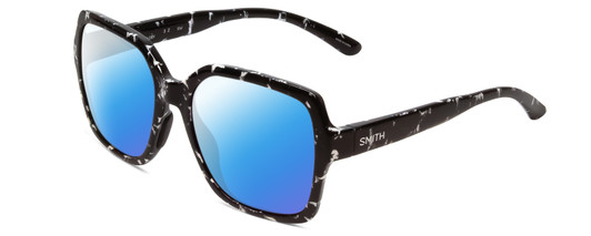 Profile View of Smith Optics Flare Designer Polarized Sunglasses with Custom Cut Blue Mirror Lenses in Black Marble Tortoise Ladies Oversized Full Rim Acetate 57 mm